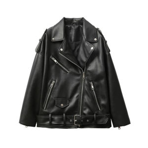 New 2025 Womens motorcycle leather PU imitation leather loose jacket black jacket
