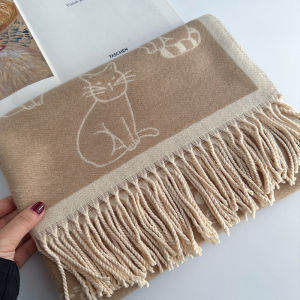 บวกมาก ~ ผ้าพันคอแจ็คการ์ดเพิ่มความหนาแบบสองด้านลายแมวเหมียวแนวญี่ปุ่นแบบสบายๆผ้าคลุมไหล่ใส่ในออฟฟิศสำหรับผู้หญิงฤดูหนาวใส่ด้านนอกให้ความอบอุ่น