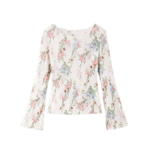 Peacebird Womens Summer 2025 New Collaborative Pleated Shirt Top A1CDE2568 Street Style Loose Fit Long Sleeve round Neck Printed