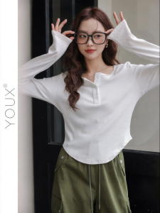 YOUXIANG | Áo Blouse Ôm Body Tay Dài Thiết Kế Lớp Trắng Không Đều Thu