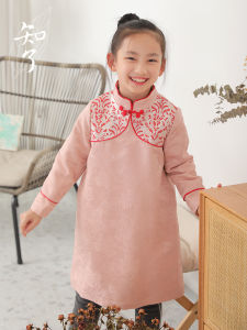 Retro Silk Velvet Floral Embroidery Winter Long Sleeve Childrens Dress Loose Fit Polka Dot Print Traditional Cheongsam Dress