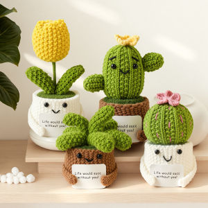 1PC Crochet Cactus Potting Grow Handmade Crochet Flower Doll With Card Crochet Plant Office Decor Meaningful Handmade Gift