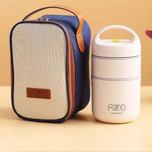 NUVOX Thermal Lunch Box Set Keep Warm Portable Insulated Lunch Container Microwave Safe Lunch Box For Kid Adult 304 Stainless Steel 2 Separate Stackable Food Container With Bag (White 23oz)