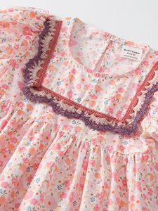 Summer Floral Lace Trim Short Sleeve Cotton Dress Girls Cute Princess Skirt Baby Country Style Pink Dress Childrens Clothing