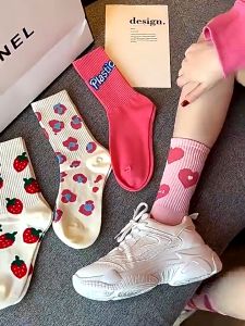 5 Pairs Socks Women Summer Fashion Cute Socks Strawberry Sweet Girl pink Mid Socks