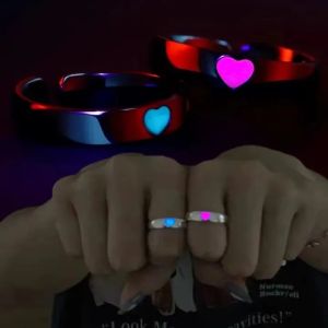 2Pcs Luminous Love Couple Ring Women Men Retro Adjustable Glow Fashion Blue Pink Light Silver Finger Rings Jewelry Lover Gift