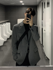 แจ็คเก็ตสูทเกาหลีไซส์ใหญ่สำหรับผู้ชาย ทรงหลวม ทรงลำลอง ฤดูใบไม้ผลิและฤดูใบไม้ร่วง แจ็คเก็ตสูทสไตล์ยุโรปขนาดเล็ก