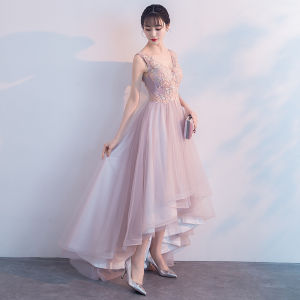Womens Dress Short Front Long Back Lace Up Pink Wedding Host Banquet Fairy Host Dresses Evening Gown For Women