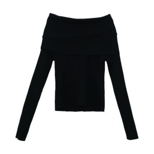 เสื้อสเวตเตอร์ถักแขนยาวสีดำ ทรงเข้ารูป ดีไซน์เก๋ไก๋ สไตล์ฮ่องกง เสื้อเชิ้ตคอกลมแขนยาวสำหรับผู้หญิง