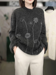 QINGNAER | Casual Loose Fit Knit Sweater with 3D Flower Design Women