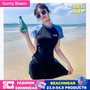 [Sunny Beach] Ready made stocks Womens swimsuit swimming suit for women 游泳装女 2024 New INS Slim fitting split skirt Student conservative belly slimming sandy beach 2-piece set Short sleeved swimsuit Ship within 48 hours