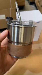 Cốc uống nước cà phê inox 304 dung tích 300ml Kèm nắp đậy chông tràn Ống hút inox cách nhiệt bằng thanh tre