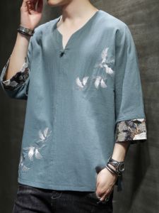 Loose Fit Linen Short Sleeve T-Shirt for Men Summer Oversize Seven Half Sleeve Embroidered Cotton Linen Trendy Top Youth Pop