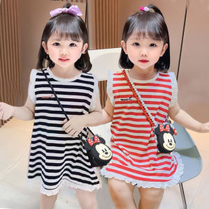 ชุดเดรสฤดูร้อนสําหรับเด็กผู้หญิงมีสไตล์กระโปรงผ้าไหมน้ําแข็งลายทางพร้อมสายรัดผ้าฝ้ายผสมโพลีเอสเตอร์สําหรับการสวมใส่ในชีวิตประจําวันอายุ 9 เดือน-18 ปี