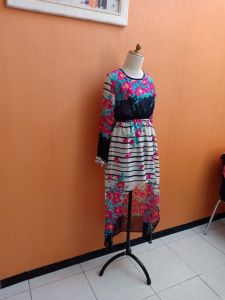 mini dress wanita cream motif bunga pink GONG JOO cewek S M lengan panjang pinggang karet cute