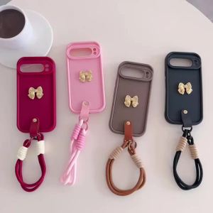 szhaiyu | 3D Gold Bow Wrist Strap Phone Case for Google Pixel 10 9 8 7 Pro XL 9A 8A 7A Pixel9 Pixel 10 Pro Silicone Soft TPU Cute Cover