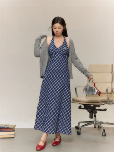 JULULOOK | Đầm Halter Carô Giảm Cân Phong Cách Retro Kích Cỡ Lớn