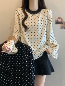 Fashionable Polka Dot Womens Long Sleeve Loose Fit Slimming Base Shirt Spring New Arrival plus Size Bell Sleeve Overhead