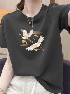 Summer Thin Cotton Short Sleeve T-Shirt Womens Loose Fit Casual round Neck Print Top Trendy Korean Style Commute Wear