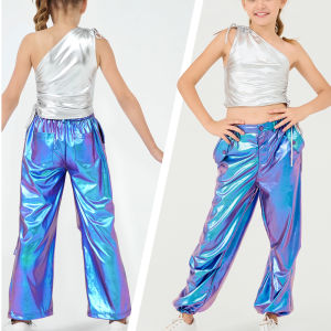 LOlanta กางเกงมันวาวเต้นรำฮิปฮอปถนนแจ๊สกางเกงจ็อกกิ้งเมทัลลิคสาวๆเสื้อผ้าแนวสตรีทกางเกงเอวยางยืดคาร์โก้ทรงหลวมสำหรับ6-13ปี