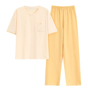 MiiOW | ชุดนอนผู้หญิงผ้าฝ้ายแท้แขนสั้นฤดูร้อน 2025 ใหม่ ไซส์ใหญ่ ใส่ไปข้างนอกได้ กางเกงขาสั้น ชุดอยู่บ้าน สไตล์เรียบง่าย 2 ชิ้น