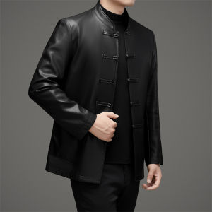 Haining Chinese Style Genuine Leather Tang Suit Spring Autumn New National Style Jacket Stand Collar Mens Leather Coat for Middle-Aged And Elderly