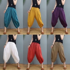 กางเกงลำลองผ้าฝ้ายลินินสีพื้นสำหรับผู้หญิง กางเกงทรงหลวม กระดุมข้าง ทรงหลวม เอวกลาง ฤดูร้อน 2025 กางเกงขายาวทรงลูกโป่ง