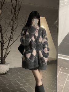 Plus Size Plus Size Ladies Sweet and Spicy Preppy Style Quilted Mink Sweater Outwear Female Autumn and Winter Wild Soft Glutinous Knitting Cardigan Tide