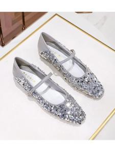 Korean Style Fashion Flat Mary Jane Shoes Spring Autumn Low Mouth Small Square Head Shiny Sequins Flat Heel Single Shoes