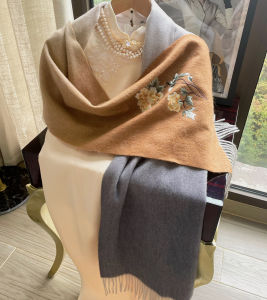 Gradient Caramel Pink Peony Embroidery Wool Scarf Womens Autumn Winter Versatile Warm Moms Shawl Two-In-One Long Rectangle