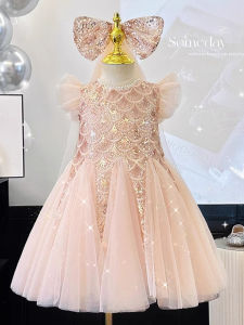 Girls Sleeveless Dress Summer New High-End Shiny Sequin Gown Childrens Mesh Mermaid Tail Princess Skirt Korean Style Blend Fabric