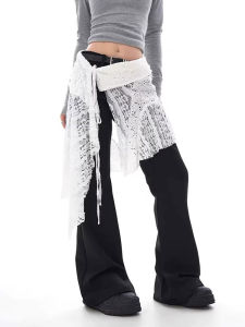 กระโปรงยาวปานกลางผ้าลูกไม้ลายไม่สมมาตรไซส์ใหญ่สำหรับผู้หญิง กระโปรงทรงเอเอวสูง ผ้าโปร่ง สไตล์ย้อนยุค ฤดูร้อน