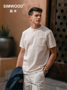 Simwood Mens Knitted Shirt round Neck Pocket Short Sleeve Overhead Fit Version Summer Casual Cotton T-Shirt Youth Fashion