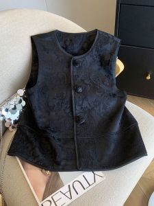 SHENGHUOYA | Elegant Black Jacquard Round-Neck Vest for Women