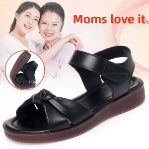 SHIPAILUO | Comfortable Real Leather Slippers Casual Flat Bottom Women Shoes For Mothers Middle-Aged And Elderly Anti-Slip Summer Sandals