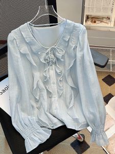 Elegant Blue Womens Shirt French Style Lace Trim Spring Autumn New Design Luxury Sensation Small Audience Top Button Detail