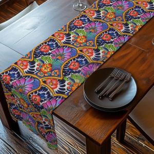 VIKAMA Mexican Ethnic Style Table Runner Colorful Taravera Flowers Folk Art Decoration Table Flag Kitchen Restaurant Table Decor