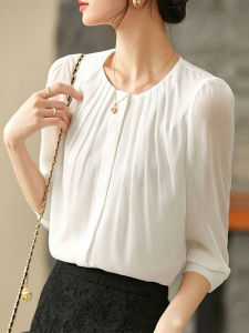 YUFUQING | Casual Chiffon Blouse Womens Spring 2025 New Fashion Elegant Pleated Design Round Neck Seven-Sleeve Shirt Polyester Fiber