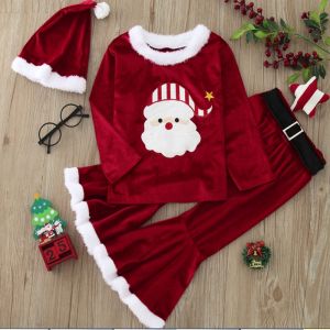 Christmas Girl Velvet Embroidery Cartoon Letter Santa Print Long Sleeve T-Shirt Flared Pants Cap Set Childrens Holiday Outfit