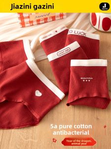 Red Chinese Zodiac Snake Year Womens Cotton Underwear Antibacterial Mid-Waist Triangle Panties Comfortable Home Clothes