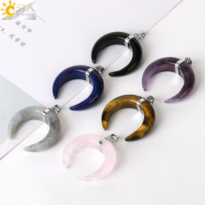 Reiki Natural Stone Pendant Crystals Necklace Crescent Moon Rose Crystal Quartz Amethysts Lapis Tiger Eye Charms Jewelry G913