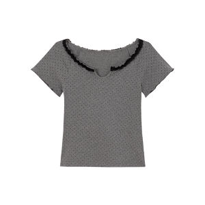 Dot Lace Collar Short Sleeve Summer T-Shirt Slim Fit