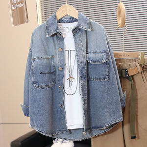 เสื้อแจ็คเก็ตยีนส์เด็กชาย ฤดูใบไม้ผลิและฤดูใบไม้ร่วง แฟชั่น เสื้อเชิ้ตยีนส์ แขนยาว คอโปโล ผ้าฝ้ายผสมโพลีเอสเตอร์