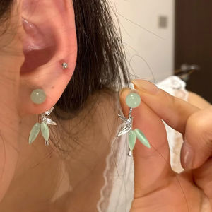 ต่างหูใบไม้ไผ่สีเขียวสไตล์จีนใหม่ ดีไซน์เก๋ไก๋ เครื่องประดับแฟชั่นสำหรับผู้หญิง