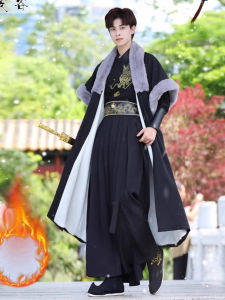 Mens Tang Costume Set with Fleece Lining Martial Artist Style Winter Warm Large Cloak Coat Non-Ferrous Metal Alloy Buckle