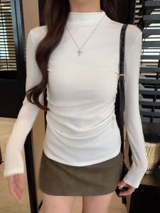 white july🌸พร้อมส่ง เสื้อยืดสวยๆผู้หญิง เสื้อยืดรัดรูป เสื้อยืดแขนยาวทรงสลิมคอเต่าสไตล์เกาหลี เสื้อลำลองอเนกประสงค์