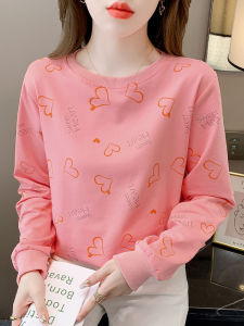 Slimming Effect Loose Fit Love Heart Print Thin Sweatshirt for Women Autumn Fashionable Versatile Top Korean Style Long Sleeve
