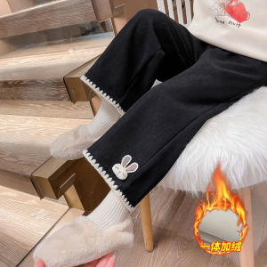 กางเกงขายาวทรงหลวมเอวสูงสำหรับเด็กผู้หญิง ฤดูใบไม้ผลิและฤดูใบไม้ร่วง กางเกงขายาวทรงตรงบุขนแกะสำหรับเด็กผู้หญิง เอวสูง ทรงหลวม ความยาวปกติ