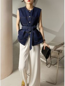 เสื้อกั๊กยีนส์ทรงหลวมสำหรับผู้หญิง ฤดูใบไม้ผลิและฤดูใบไม้ร่วง เสื้อคลุมแบบบาง แขนกุด กระเป๋าใหญ่ ชุดเดรสลำลอง