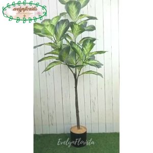 Pohon Daun Artificial Bahagia Hijau X3 T140 Latex Imitasi Pot Dasar Hitam Dekorasi Caffe
